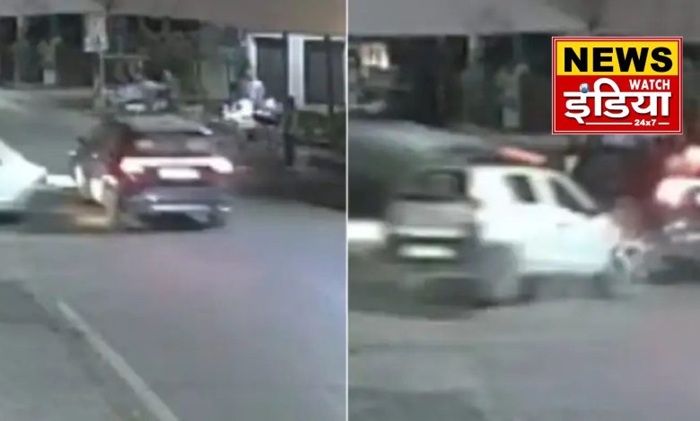 Two cars collide violently, three people injured, incident captured on CCTV