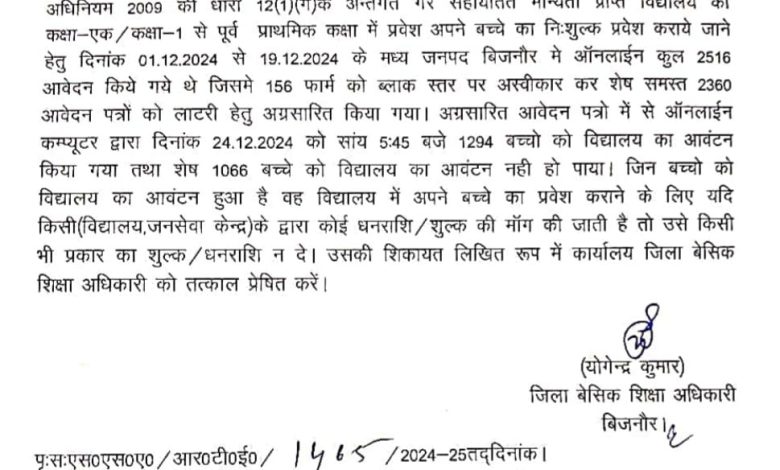 UP Bijnor News: BSA becomes strict, action will be taken against illegal recovery in the name of admission in RTE scheme