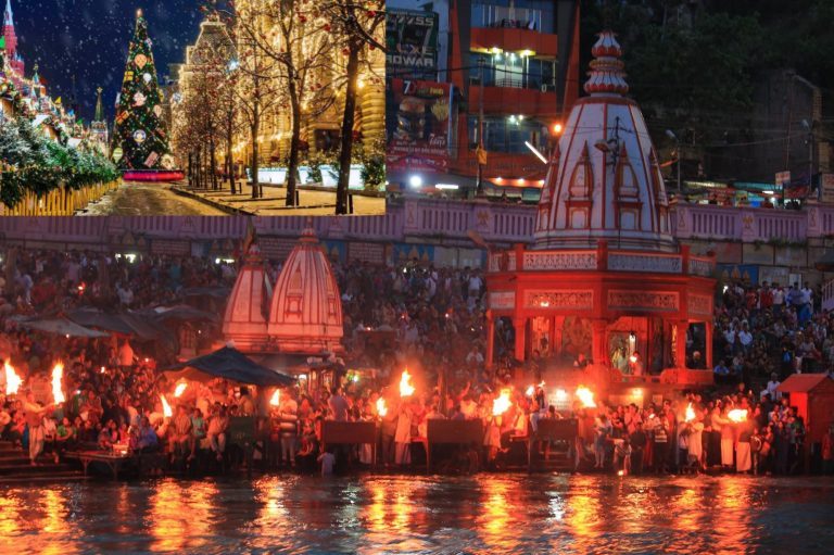 Devotees attending the Ganga Aarti on the banks of the Ganges in Haridwar