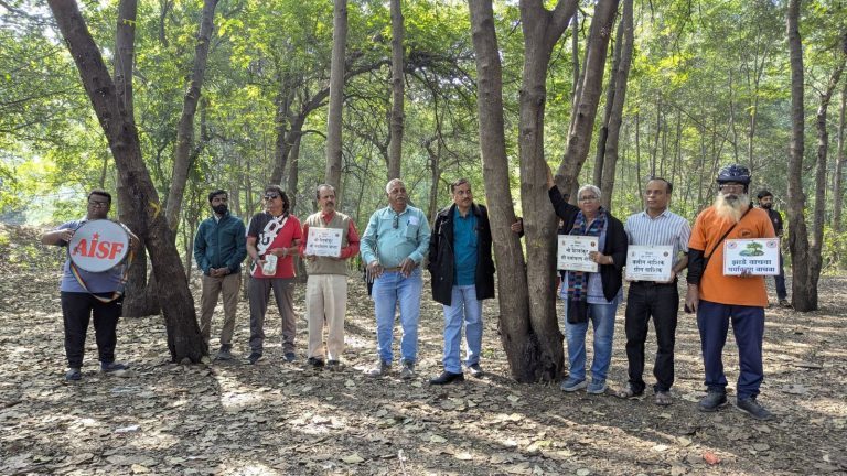 Protesters hugging trees in Tapovan Nashik against 1800 tree felling for Nashik Kumbh 2027 Sadhugram construction