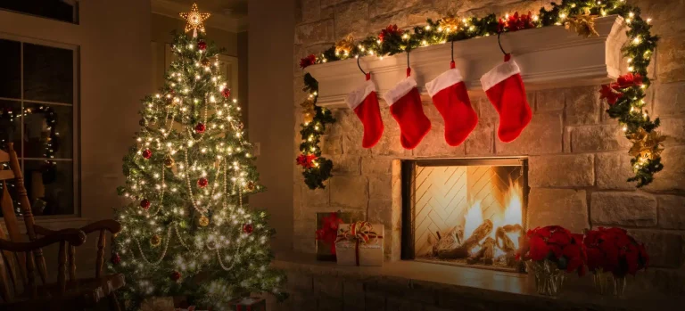 Christmas stockings hanging with gifts symbolizing Santa Claus tradition