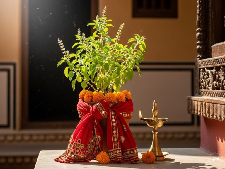 Woman offering water to Tulsi plant during Tulsi Pujan Diwas 2025