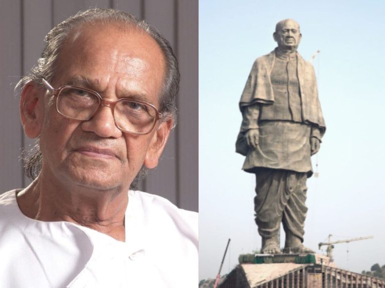 Ram Sutar, the legendary sculptor and creator of the Statue of Unity, pictured with his iconic artworks.