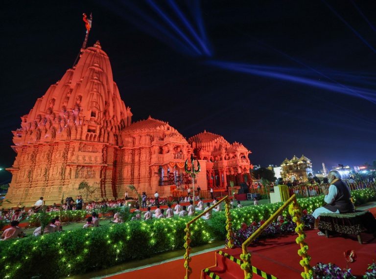 PM Modi Somnath Swabhiman Parv: Prime Minister Narendra Modi with Trishul and Tilak at Somnath Temple during Swabhiman Parv symbolizing India’s 1000-year civilizational pride and spiritual strength