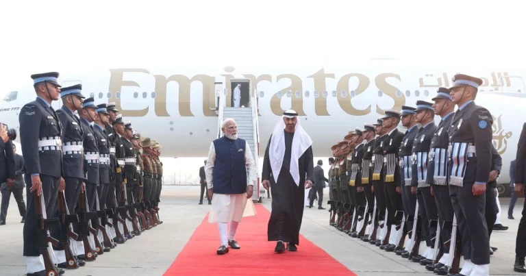 UAE President India Visit: PM Narendra Modi warmly welcomes UAE President Sheikh Mohamed bin Zayed Al Nahyan at Delhi Airport during India visit