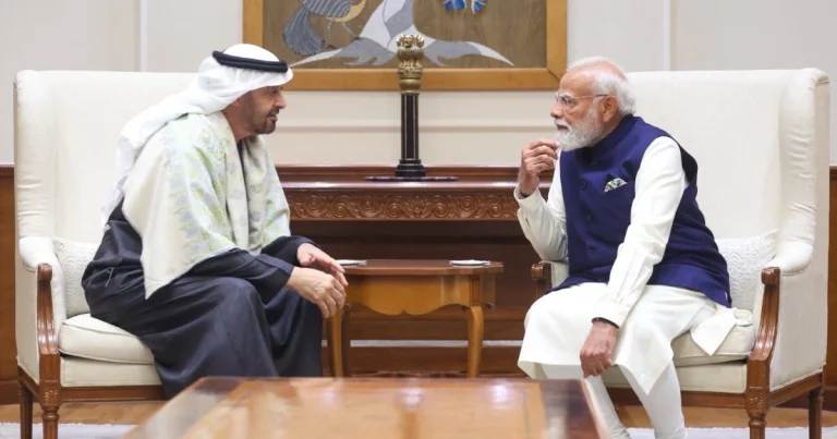 India UAE Strategic Partnership: Indian Prime Minister Narendra Modi welcoming UAE President Sheikh Mohamed bin Zayed Al Nahyan during strategic talks on AI, defence and trade