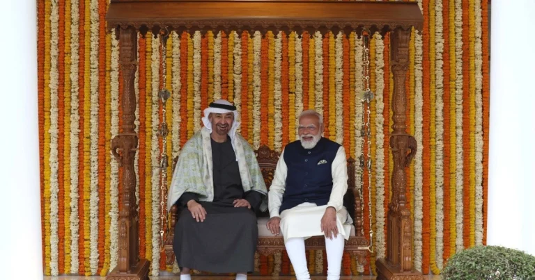 PM Modi gifts to UAE President: PM Modi presenting traditional wooden swing and Kashmiri Pashmina shawl to UAE President Sheikh Mohamed bin Zayed at PM residence