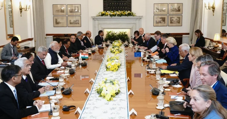 India EU Delegation Level Talks: Prime Minister Narendra Modi meeting European Council President Antonio Costa and EU Commission President Ursula von der Leyen at Hyderabad House Delhi