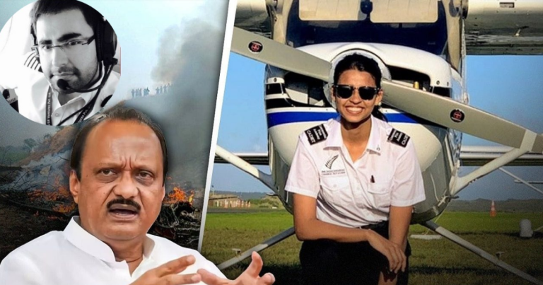 Ajit Pawar Plane Pilots: Portraits of Captain Sumit Kapoor and First Officer Shambhavi Pathak alongside the wreckage of the Baramati plane crash