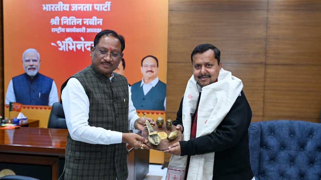 CM Vishnu Deo Sai meeting BJP Executive President Nitin Nabin at party headquarters in New Delhi