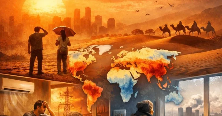 People suffering in extreme heatwave representing global warming crisis and rising temperature impact by 2050