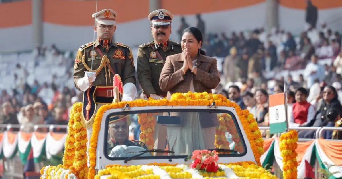 Chhatrasal Stadium Delhi: Delhi Chief Minister Rekha Gupta attending state-level Republic Day celebration at Chhatrasal Stadium with tricolour and cultural performances
