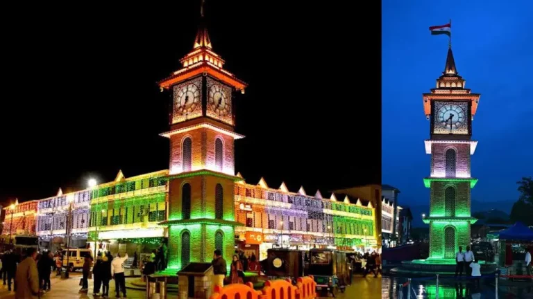 Srinagar Clock Tower Celebration: People hoisting the Indian tricolour at Srinagar’s historic Clock Tower on the eve of Republic Day, celebrating unity and national pride.