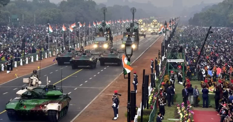 Kartavya Path Parade Preparation: Preparations underway at Kartavya Path, Delhi ahead of the 77th Republic Day Parade showcasing security, decorations, and national pride.