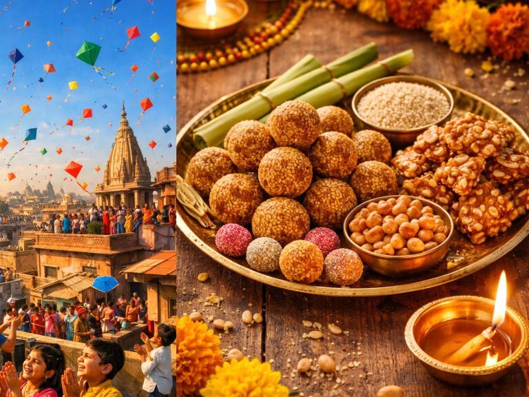 Makar Sankranti 2026: People celebrating Makar Sankranti 2026 with kite flying, traditional sweets, and river bathing during the sun's transition to Capricorn