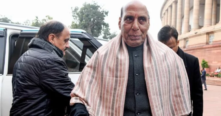 Rajnath Singh Parliament: Defence Minister Rajnath Singh arrives at Parliament House after the Union Budget 2026-27, gesturing to the media.