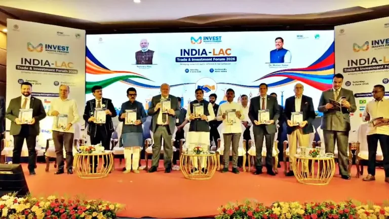Foreign Investment in Madhya Pradesh: Chief Minister Mohan Yadav addressing investors at the India-Latin America Business and Investment Forum in Indore, highlighting foreign investment opportunities in Madhya Pradesh.