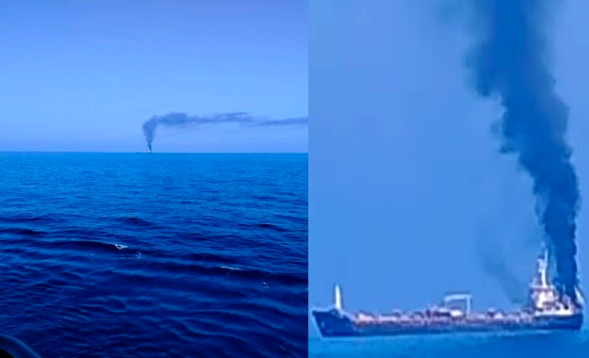 MT Jalveer Attack Oman: Indian vessel seen engulfed in flames near Oman's Shinas Port after reported maritime attack