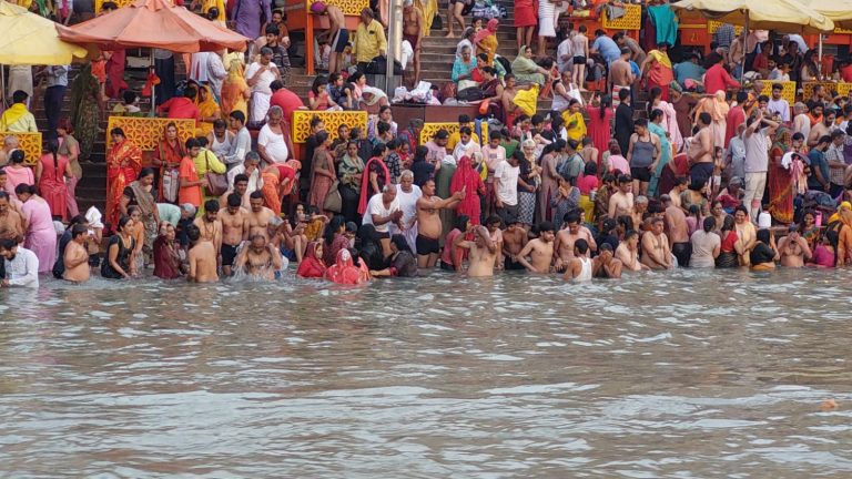 Nirjala Ekadashi Snan: Devotees taking a holy dip at Har Ki Pauri in Haridwar amid heavy crowds and tight security arrangements.