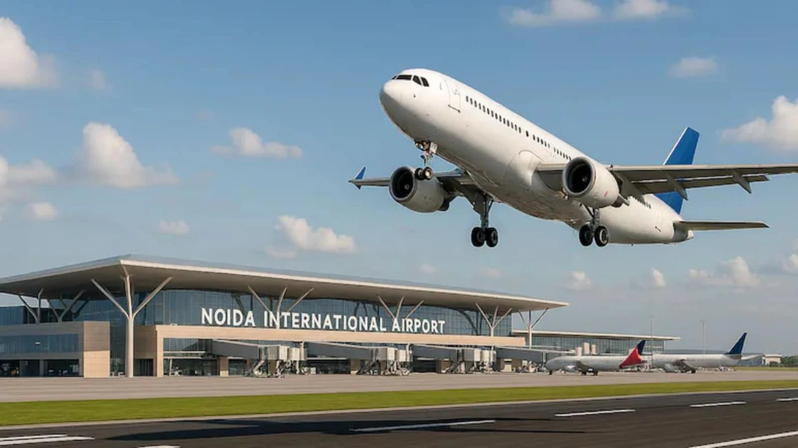 Noida International Airport Flights: Noida International Airport terminal building with passengers and commercial flights starting operations from Jewar Airport on June 15.