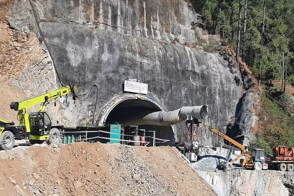 Silkyara Tunnel Rescue Operation: Rescue operation at Silkyara Tunnel in Uttarakhand showing workers being safely evacuated through steel pipe during collapse incident