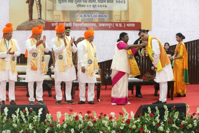 President Droupadi Murmu in Jabalpur performing yoga and addressing students during the convocation ceremony at Rani Durgavati University