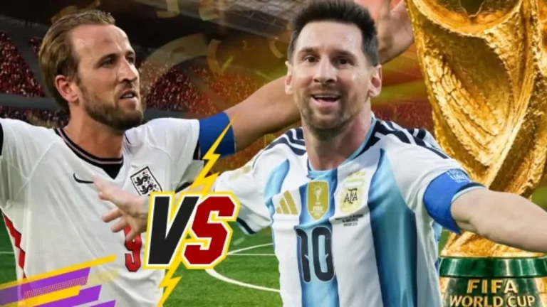 Argentina and England players during a promotional graphic ahead of the FIFA World Cup 2026 semifinal featuring Lionel Messi and Harry Kane.