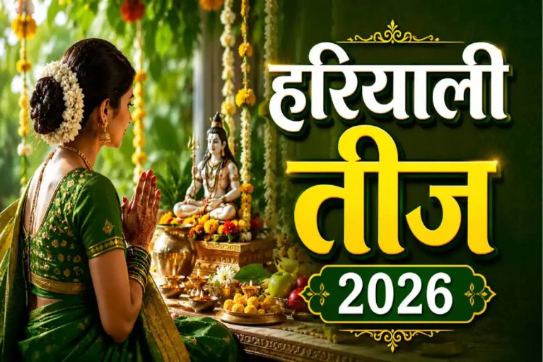Hariyali Teej 2026: Married women performing puja with Lord Shiva and Goddess Parvati, wearing green sarees and traditional jewelry.