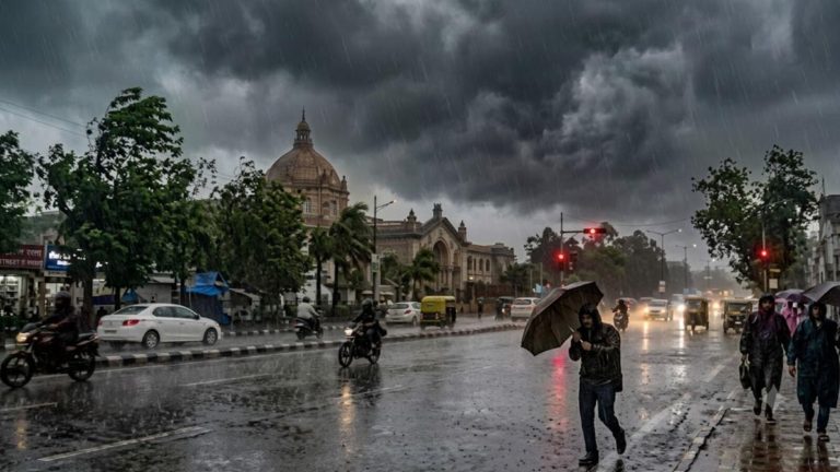 IMD Weather Forecast UP: Heavy monsoon rain over Uttar Pradesh with dark clouds and IMD orange alert for multiple districts on 21 July 2026