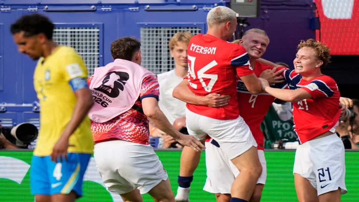 Norway vs Brazil: Erling Haaland celebrates after scoring twice during the Norway vs Brazil FIFA World Cup 2026 Round of 16 match.