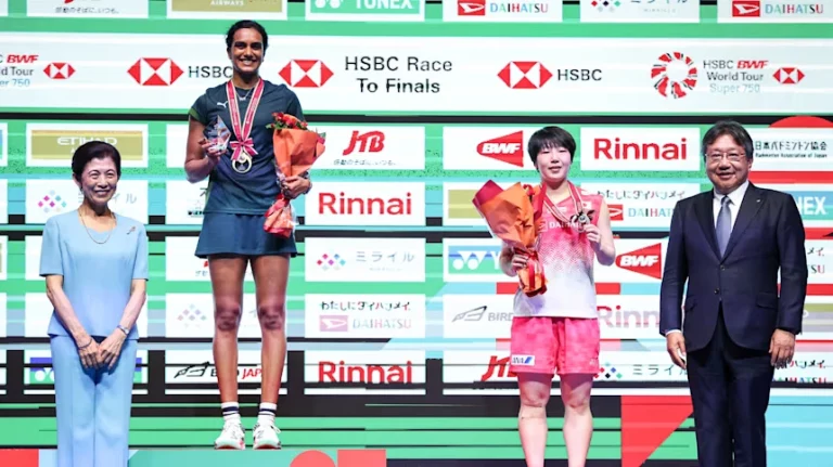PV Sindhu celebrates after defeating Akane Yamaguchi to win the Japan Open 2026 women's singles title and become the first Indian champion.
