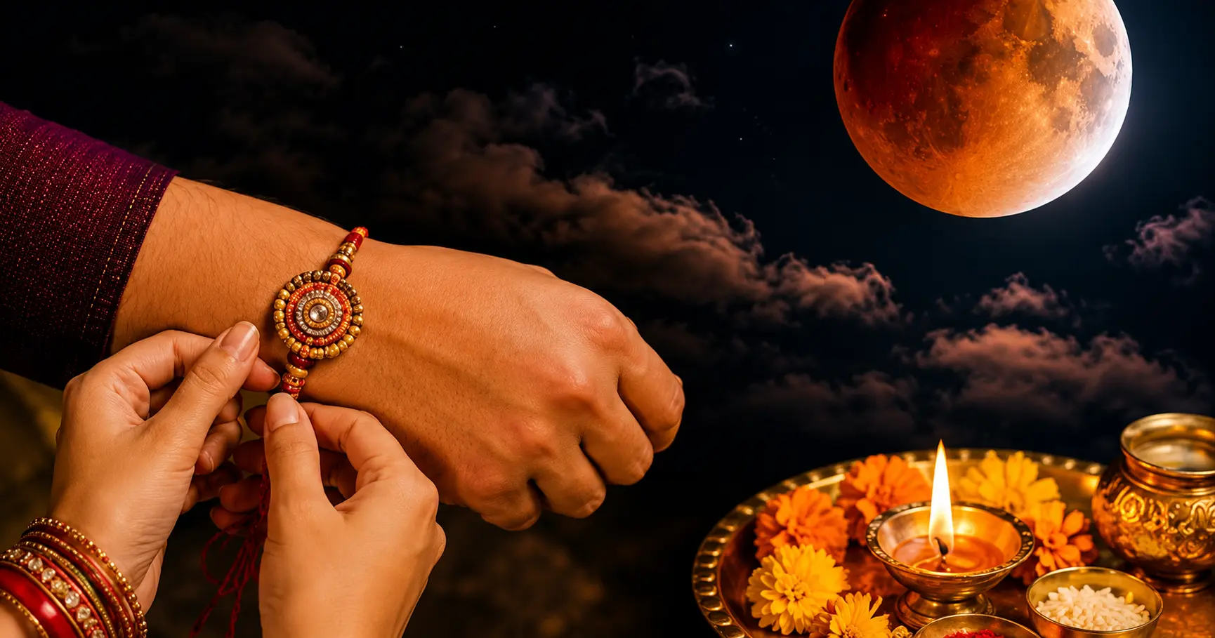 Raksha Bandhan 2026 Lunar Eclipse: Sister tying Rakhi to her brother with a full moon symbolizing the lunar eclipse and Hindu festival celebrations.