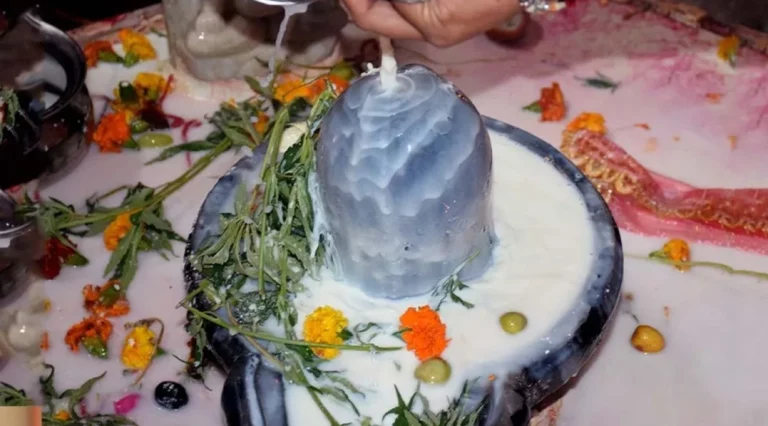 Sawan Rudrabhishek Importance: Devotees performing Rudrabhishek of Lord Shiva's Shivling with Vedic mantras during the month of Sawan.