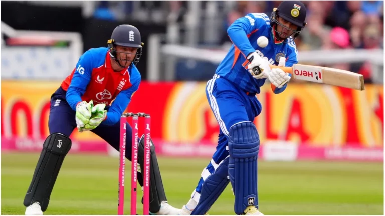 Abhishek Sharma batting for Team India during the T20I match against Zimbabwe