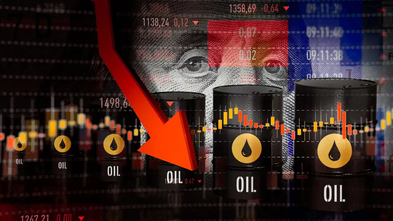 Crude Oil prices fall nearly 6 percent after easing of US-Iran tensions, with oil barrels and global market chart.