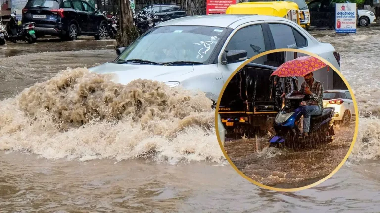 IMD Weather Alert showing heavy rainfall, strong winds, and dark monsoon clouds over multiple Indian states including Delhi, Bihar, and West Bengal