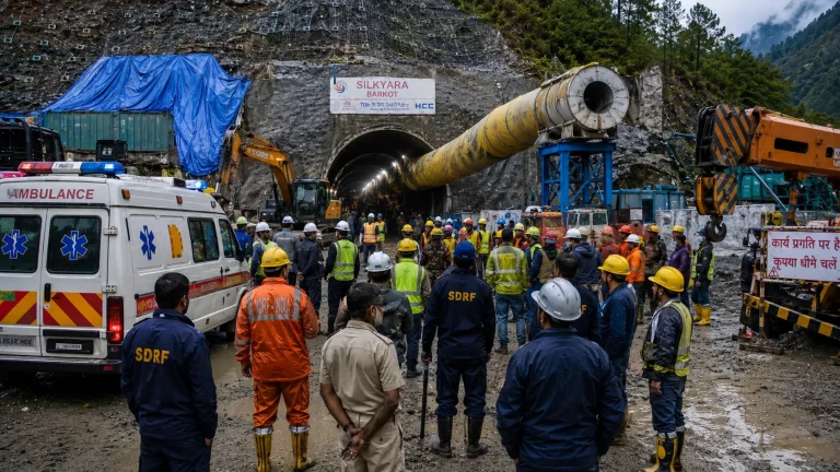 CM Pushkar Singh Dhami at Pipalkoti tunnel accident site during rescue operation in Chamoli