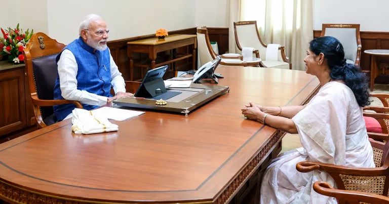 DMK Kanimozhi Modi Shah Tea Party: Prime Minister Narendra Modi, Home Minister Amit Shah, and DMK MP Kanimozhi at the Lok Sabha Speaker's tea party.