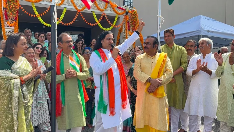 Devkinandan Thakur Boston Independence Day: Devkinandan Thakur Maharaj hoisting the Indian Tricolor in Boston