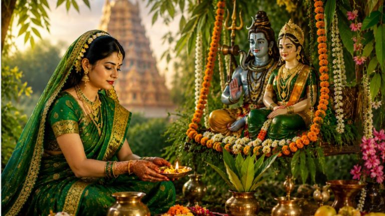 Haryali Teej Puja Muhurat: Hariyali Teej 2026 puja with Lord Shiva and Goddess Parvati, women celebrating Teej festival in green traditional attire