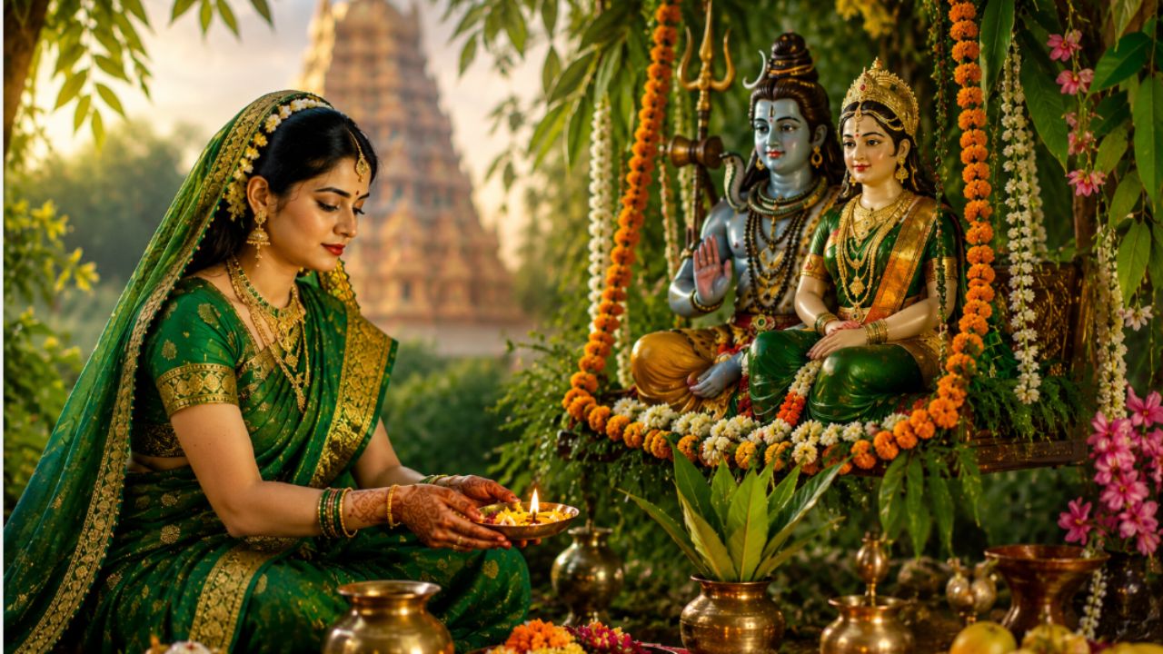 Haryali Teej Puja Muhurat: Hariyali Teej 2026 puja with Lord Shiva and Goddess Parvati, women celebrating Teej festival in green traditional attire