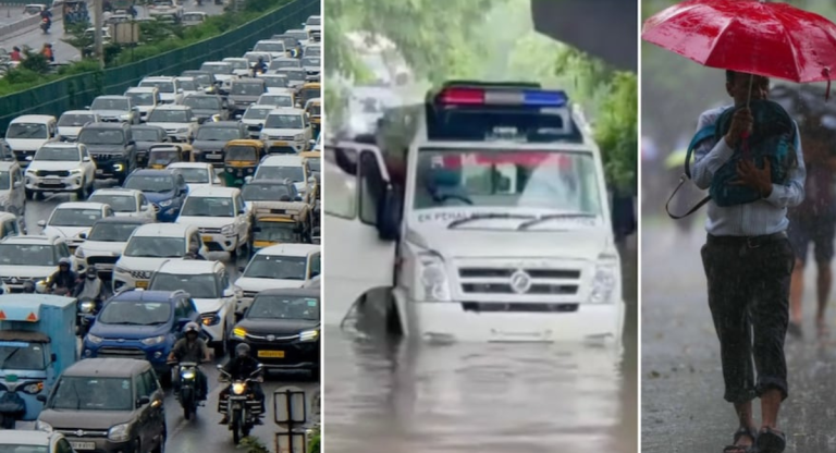 Heavy rain in Delhi NCR, causing massive traffic jams.