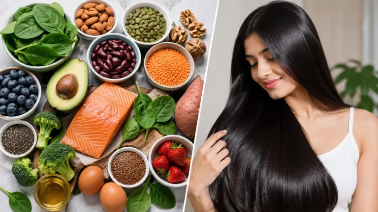 Hair Growth Foods including eggs spinach lentils walnuts chia seeds and fruits